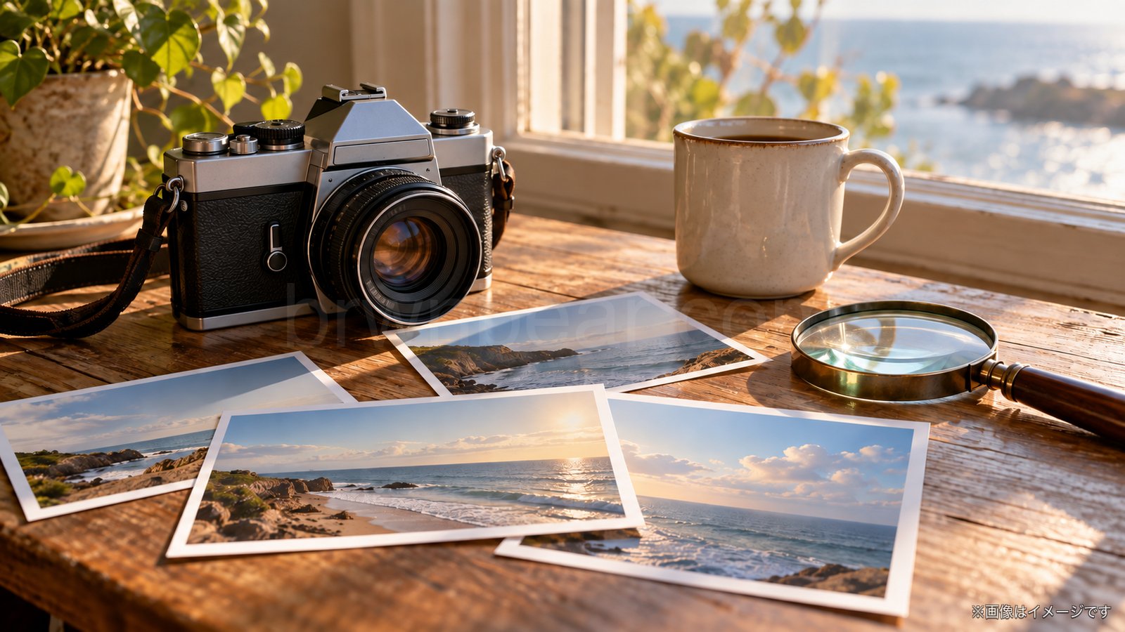 窓辺の机に置かれたフィルムカメラと風景写真のイメージ