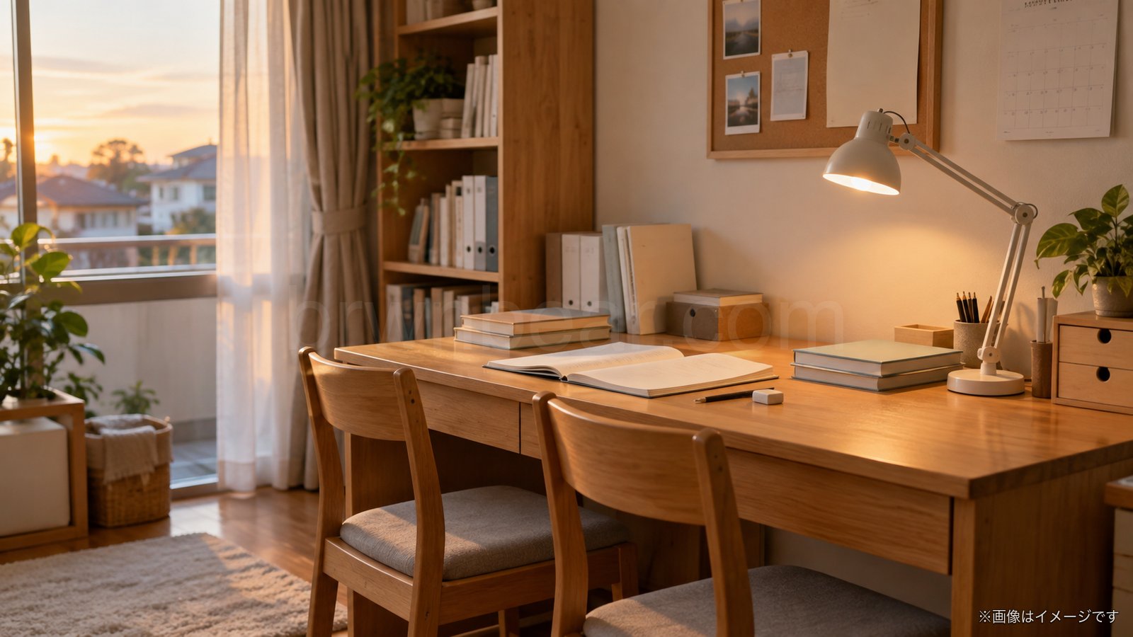 夕方の部屋に置かれた勉強机と椅子のイメージ
