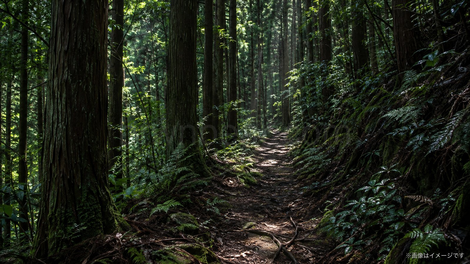 夏の杉林の奥へ続く薄暗い山道のイメージ