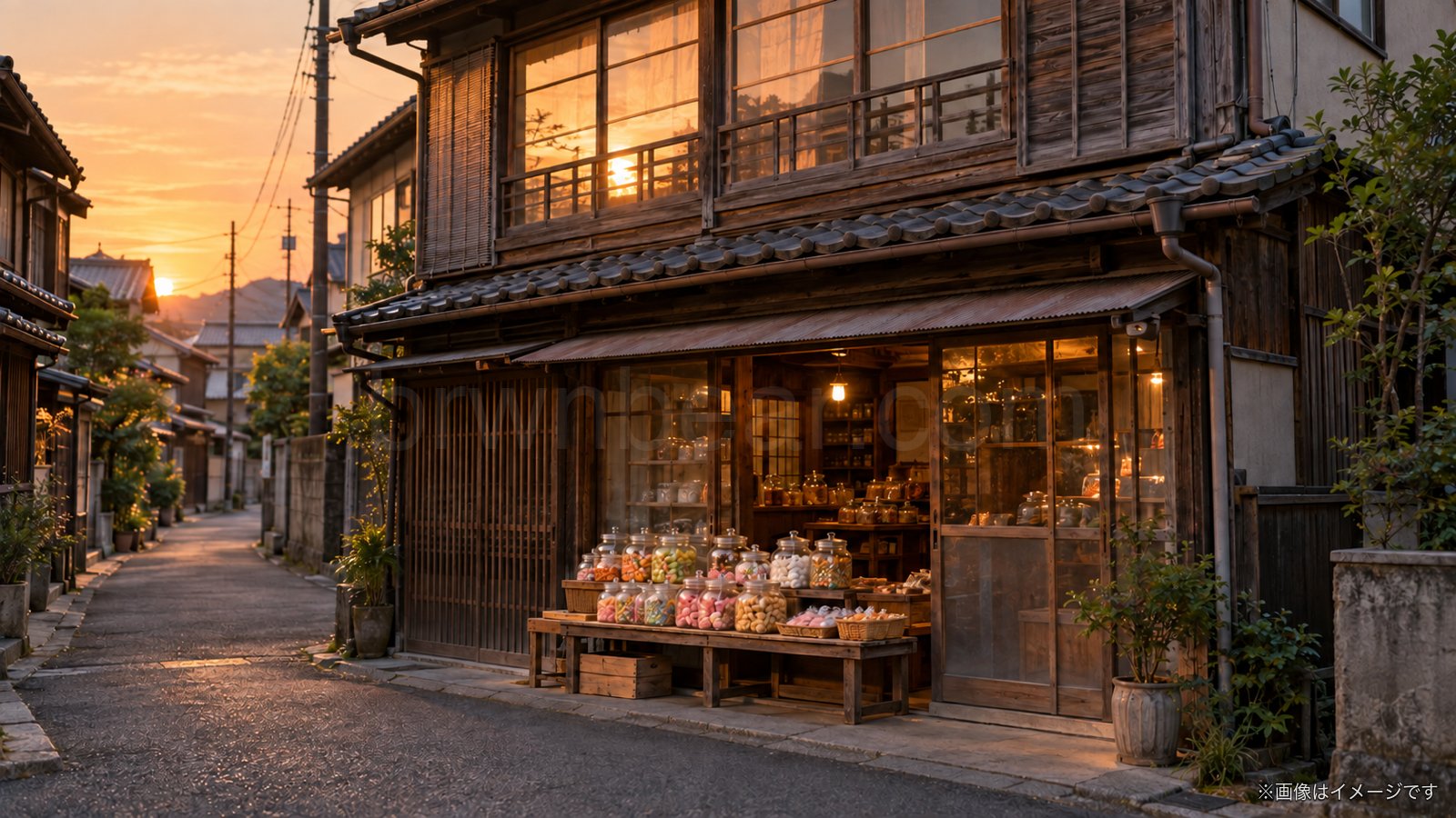 夕方の下町にある昔ながらの駄菓子屋の店先のイメージ